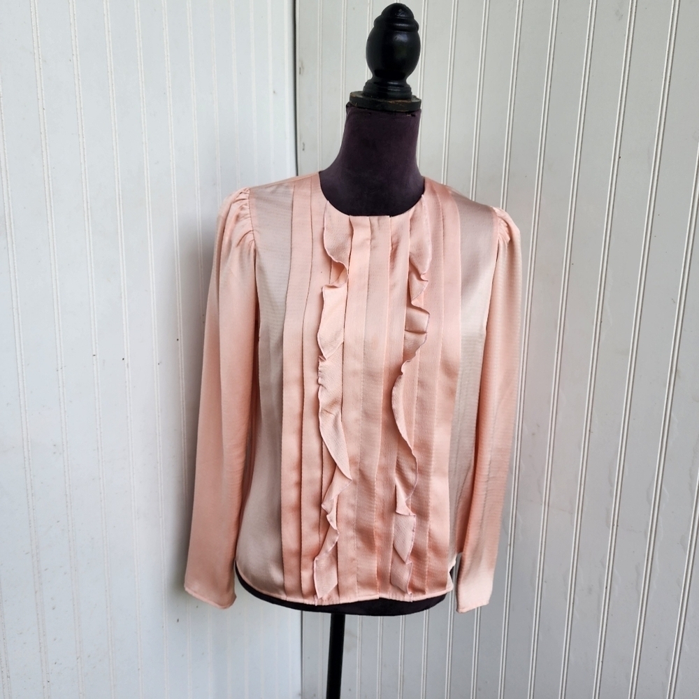 Express Womens Satin Ruffle Blouse Top Women Peach Pink Puff Long Sleeve Sz S